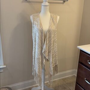 Fringed Open-Front Knit Vest in Light Beige